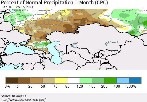 Russian Federation Percent of Normal Precipitation 1-Month (CPC) Thematic Map For 1/16/2023 - 2/15/2023
