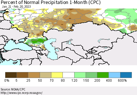 Russian Federation Percent of Normal Precipitation 1-Month (CPC) Thematic Map For 1/21/2023 - 2/20/2023