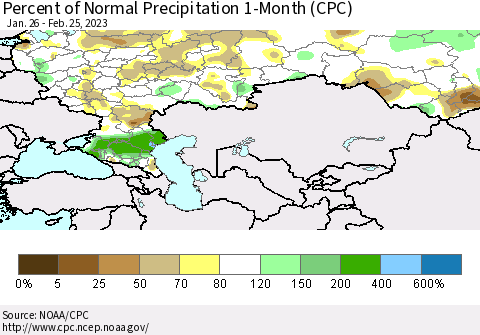 Russian Federation Percent of Normal Precipitation 1-Month (CPC) Thematic Map For 1/26/2023 - 2/25/2023