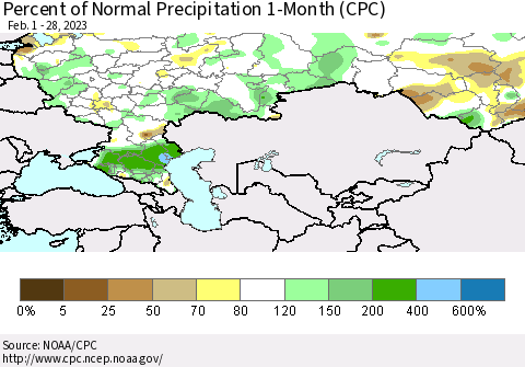 Russian Federation Percent of Normal Precipitation 1-Month (CPC) Thematic Map For 2/1/2023 - 2/28/2023