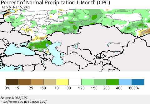 Russian Federation Percent of Normal Precipitation 1-Month (CPC) Thematic Map For 2/6/2023 - 3/5/2023