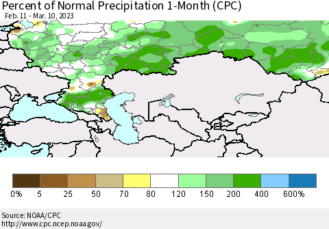 Russian Federation Percent of Normal Precipitation 1-Month (CPC) Thematic Map For 2/11/2023 - 3/10/2023