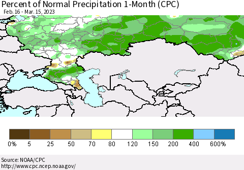 Russian Federation Percent of Normal Precipitation 1-Month (CPC) Thematic Map For 2/16/2023 - 3/15/2023