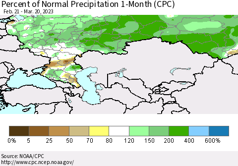 Russian Federation Percent of Normal Precipitation 1-Month (CPC) Thematic Map For 2/21/2023 - 3/20/2023