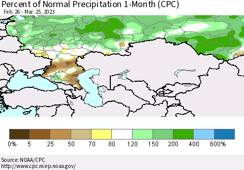 Russian Federation Percent of Normal Precipitation 1-Month (CPC) Thematic Map For 2/26/2023 - 3/25/2023