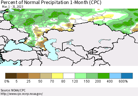 Russian Federation Percent of Normal Precipitation 1-Month (CPC) Thematic Map For 3/1/2023 - 3/31/2023