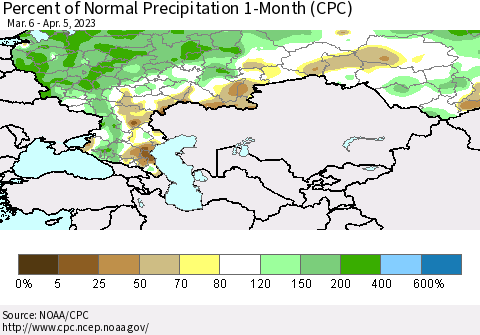 Russian Federation Percent of Normal Precipitation 1-Month (CPC) Thematic Map For 3/6/2023 - 4/5/2023