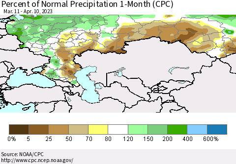 Russian Federation Percent of Normal Precipitation 1-Month (CPC) Thematic Map For 3/11/2023 - 4/10/2023