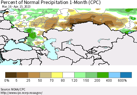 Russian Federation Percent of Normal Precipitation 1-Month (CPC) Thematic Map For 3/16/2023 - 4/15/2023