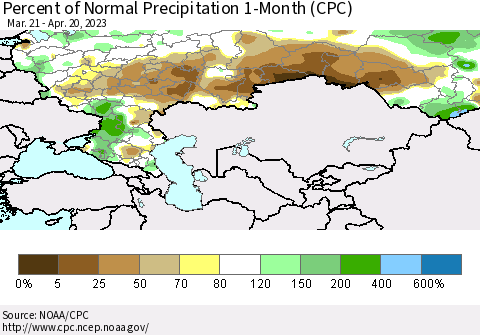 Russian Federation Percent of Normal Precipitation 1-Month (CPC) Thematic Map For 3/21/2023 - 4/20/2023