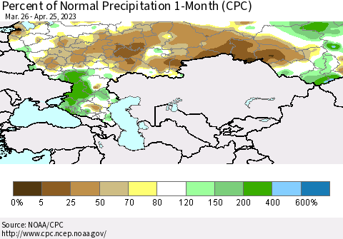Russian Federation Percent of Normal Precipitation 1-Month (CPC) Thematic Map For 3/26/2023 - 4/25/2023