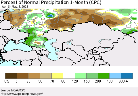 Russian Federation Percent of Normal Precipitation 1-Month (CPC) Thematic Map For 4/6/2023 - 5/5/2023