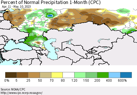 Russian Federation Percent of Normal Precipitation 1-Month (CPC) Thematic Map For 4/11/2023 - 5/10/2023