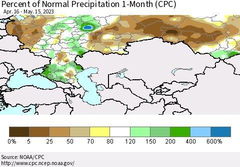 Russian Federation Percent of Normal Precipitation 1-Month (CPC) Thematic Map For 4/16/2023 - 5/15/2023