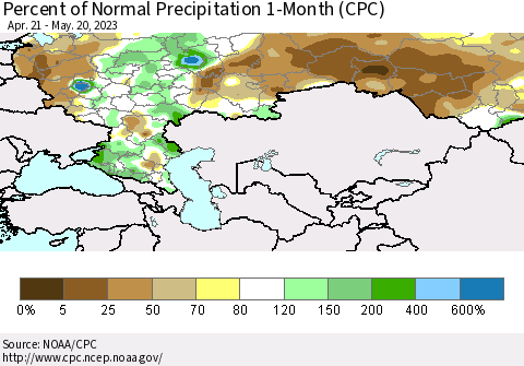 Russian Federation Percent of Normal Precipitation 1-Month (CPC) Thematic Map For 4/21/2023 - 5/20/2023