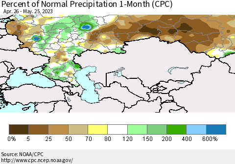Russian Federation Percent of Normal Precipitation 1-Month (CPC) Thematic Map For 4/26/2023 - 5/25/2023