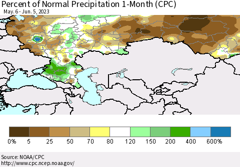 Russian Federation Percent of Normal Precipitation 1-Month (CPC) Thematic Map For 5/6/2023 - 6/5/2023