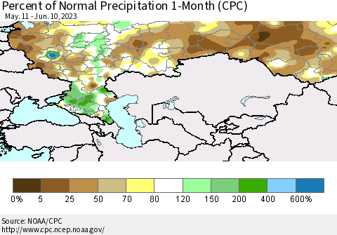 Russian Federation Percent of Normal Precipitation 1-Month (CPC) Thematic Map For 5/11/2023 - 6/10/2023