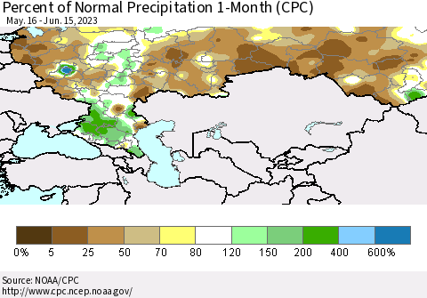 Russian Federation Percent of Normal Precipitation 1-Month (CPC) Thematic Map For 5/16/2023 - 6/15/2023