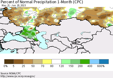 Russian Federation Percent of Normal Precipitation 1-Month (CPC) Thematic Map For 5/21/2023 - 6/20/2023