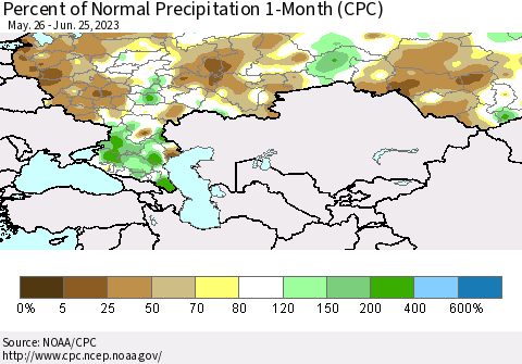 Russian Federation Percent of Normal Precipitation 1-Month (CPC) Thematic Map For 5/26/2023 - 6/25/2023