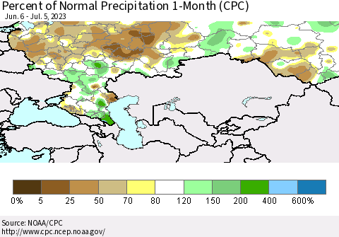 Russian Federation Percent of Normal Precipitation 1-Month (CPC) Thematic Map For 6/6/2023 - 7/5/2023