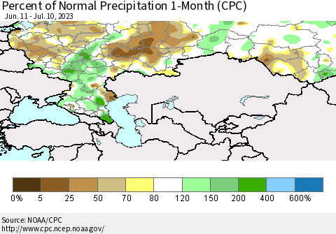 Russian Federation Percent of Normal Precipitation 1-Month (CPC) Thematic Map For 6/11/2023 - 7/10/2023