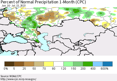Russian Federation Percent of Normal Precipitation 1-Month (CPC) Thematic Map For 6/16/2023 - 7/15/2023