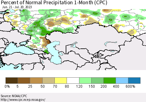 Russian Federation Percent of Normal Precipitation 1-Month (CPC) Thematic Map For 6/21/2023 - 7/20/2023