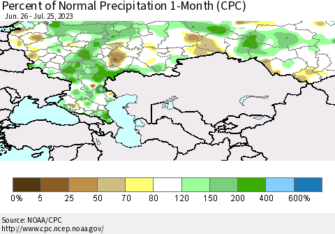 Russian Federation Percent of Normal Precipitation 1-Month (CPC) Thematic Map For 6/26/2023 - 7/25/2023