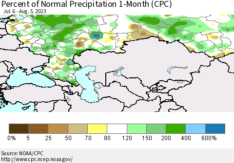 Russian Federation Percent of Normal Precipitation 1-Month (CPC) Thematic Map For 7/6/2023 - 8/5/2023