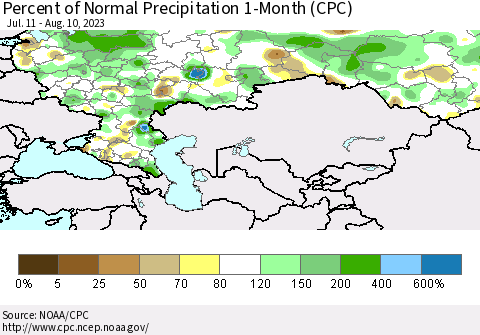 Russian Federation Percent of Normal Precipitation 1-Month (CPC) Thematic Map For 7/11/2023 - 8/10/2023