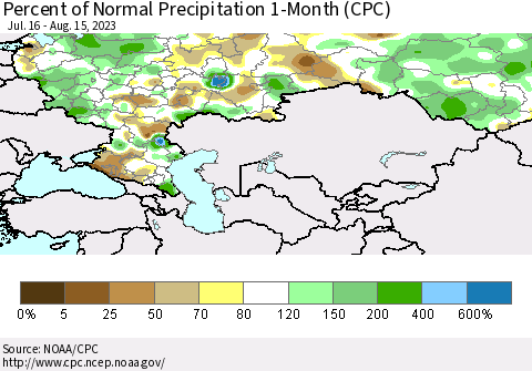 Russian Federation Percent of Normal Precipitation 1-Month (CPC) Thematic Map For 7/16/2023 - 8/15/2023