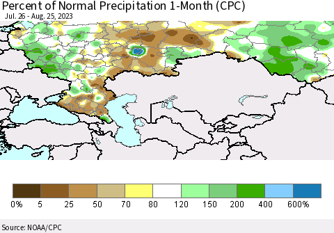 Russian Federation Percent of Normal Precipitation 1-Month (CPC) Thematic Map For 7/26/2023 - 8/25/2023