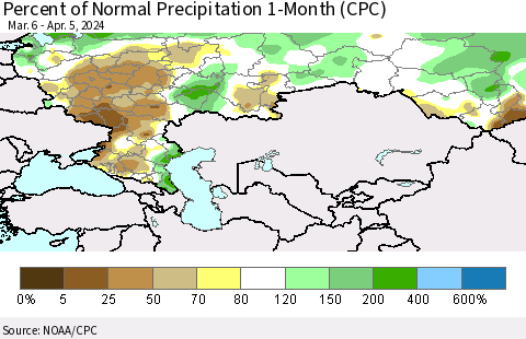 Russian Federation Percent of Normal Precipitation 1-Month (CPC) Thematic Map For 3/6/2024 - 4/5/2024