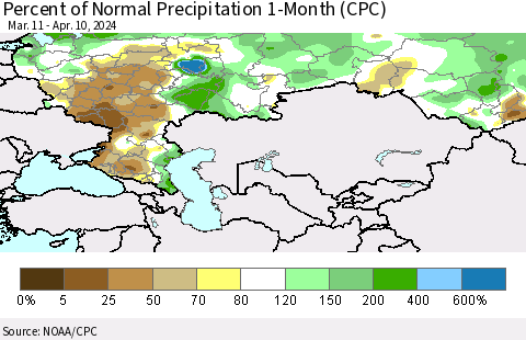 Russian Federation Percent of Normal Precipitation 1-Month (CPC) Thematic Map For 3/11/2024 - 4/10/2024