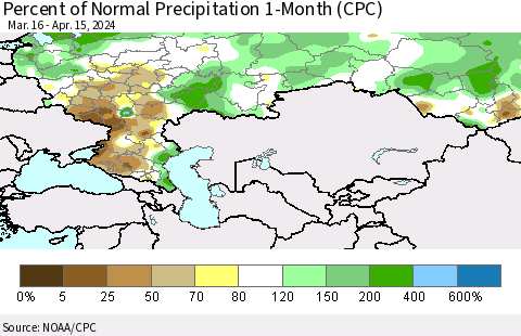 Russian Federation Percent of Normal Precipitation 1-Month (CPC) Thematic Map For 3/16/2024 - 4/15/2024