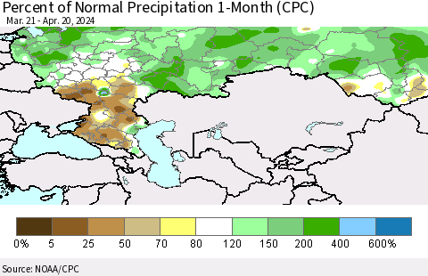Russian Federation Percent of Normal Precipitation 1-Month (CPC) Thematic Map For 3/21/2024 - 4/20/2024