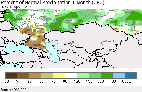 Russian Federation Percent of Normal Precipitation 1-Month (CPC) Thematic Map For 3/26/2024 - 4/25/2024