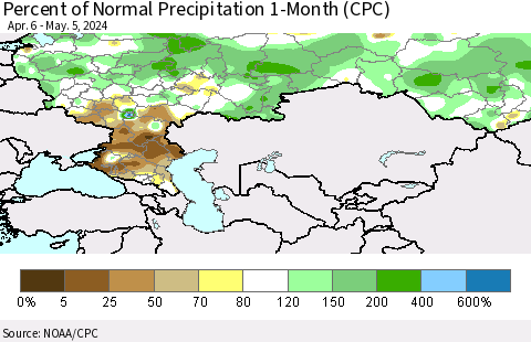 Russian Federation Percent of Normal Precipitation 1-Month (CPC) Thematic Map For 4/6/2024 - 5/5/2024
