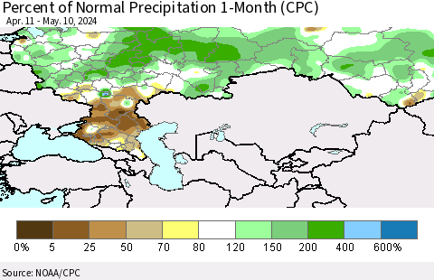 Russian Federation Percent of Normal Precipitation 1-Month (CPC) Thematic Map For 4/11/2024 - 5/10/2024