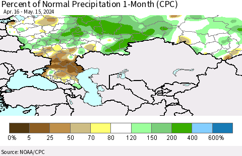 Russian Federation Percent of Normal Precipitation 1-Month (CPC) Thematic Map For 4/16/2024 - 5/15/2024