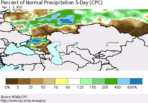 Russian Federation Percent of Normal Precipitation 5-Day (CPC) Thematic Map For 4/1/2021 - 4/5/2021