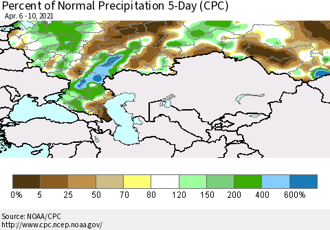Russian Federation Percent of Normal Precipitation 5-Day (CPC) Thematic Map For 4/6/2021 - 4/10/2021