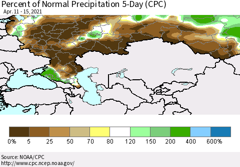 Russian Federation Percent of Normal Precipitation 5-Day (CPC) Thematic Map For 4/11/2021 - 4/15/2021