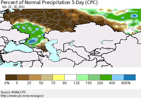 Russian Federation Percent of Normal Precipitation 5-Day (CPC) Thematic Map For 4/16/2021 - 4/20/2021