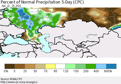 Russian Federation Percent of Normal Precipitation 5-Day (CPC) Thematic Map For 4/21/2021 - 4/25/2021