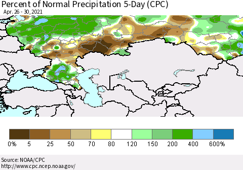 Russian Federation Percent of Normal Precipitation 5-Day (CPC) Thematic Map For 4/26/2021 - 4/30/2021
