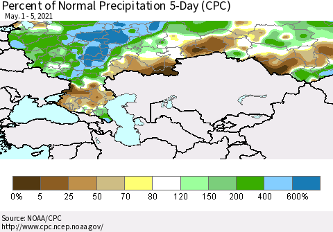 Russian Federation Percent of Normal Precipitation 5-Day (CPC) Thematic Map For 5/1/2021 - 5/5/2021