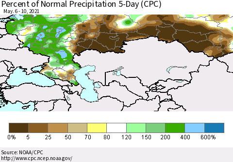 Russian Federation Percent of Normal Precipitation 5-Day (CPC) Thematic Map For 5/6/2021 - 5/10/2021